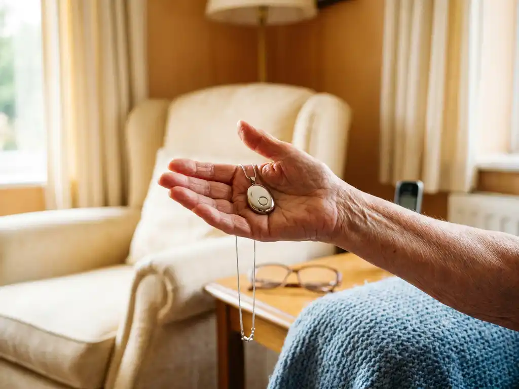 Zilveren alarmpendant in de hand van een oudere vrouw in een zonnige woonkamer met leesbrille en fauteuil op de achtergrond.