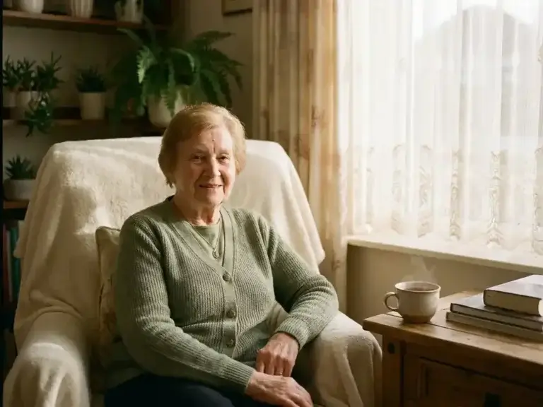 Oudere vrouw in fauteuil met alarmpendant om haar nek, zachte middagzon door vitrage, kopje thee op bijzettafel.