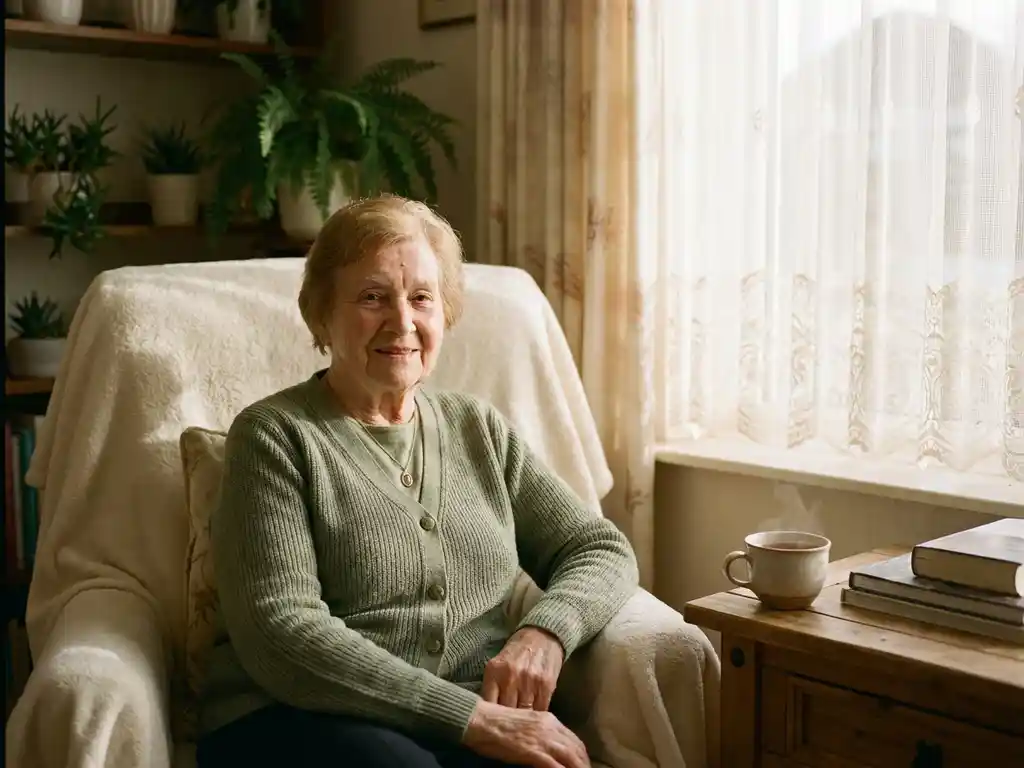 Oudere vrouw in fauteuil met alarmpendant om haar nek, zachte middagzon door vitrage, kopje thee op bijzettafel.