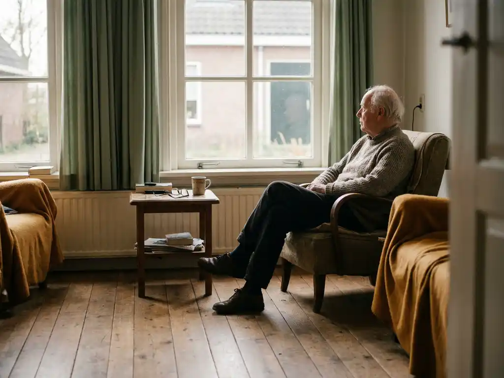 Oudere persoon alleen bij een groot raam in een Nederlandse woonkamer, zacht middaglicht over houten vloeren, koud kopje thee op bijzettafel.