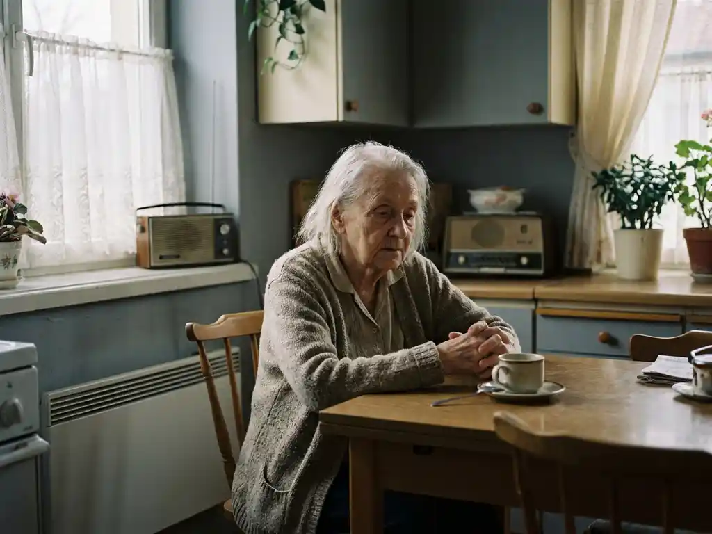 Oudere vrouw alleen aan keukentafel met onaangeroerde kop thee, middaglicht door kanten gordijnen, sfeer van eenzaamheid.
