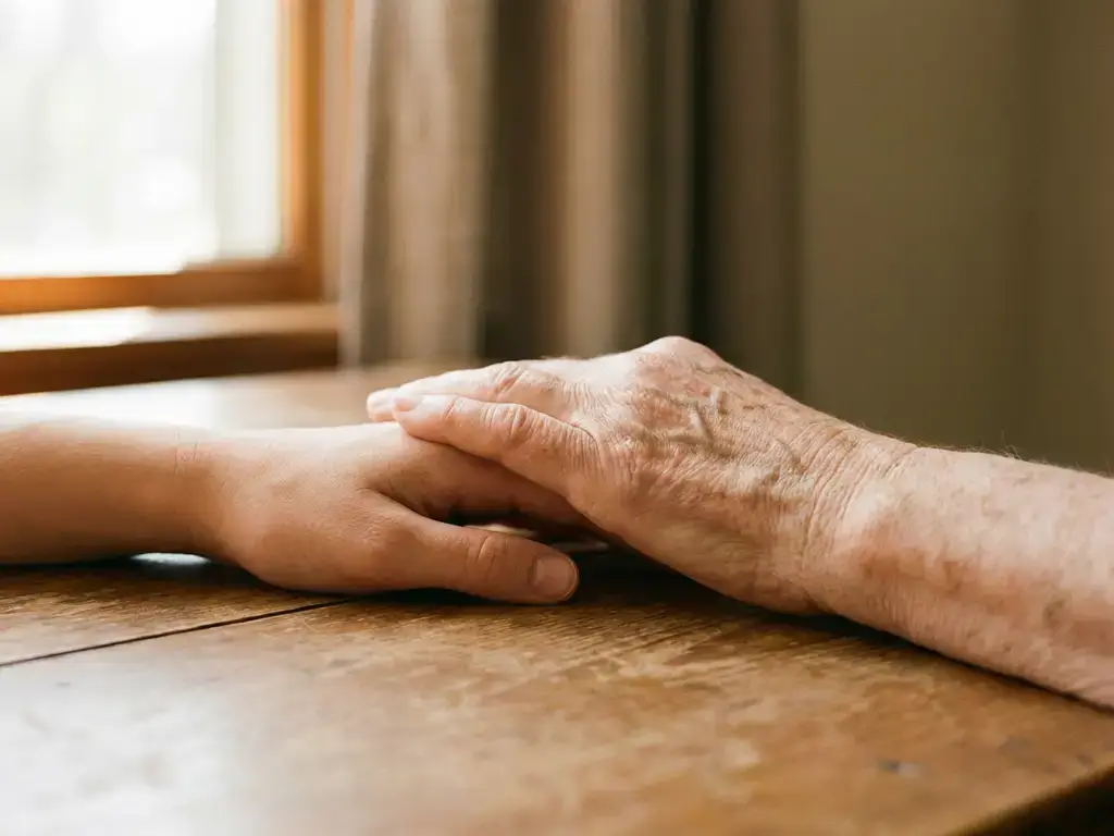 Jonge en oude hand naast elkaar op houten oppervlak, zachte rimpels en aderen zichtbaar, warm natuurlijk licht, intieme sfeer.