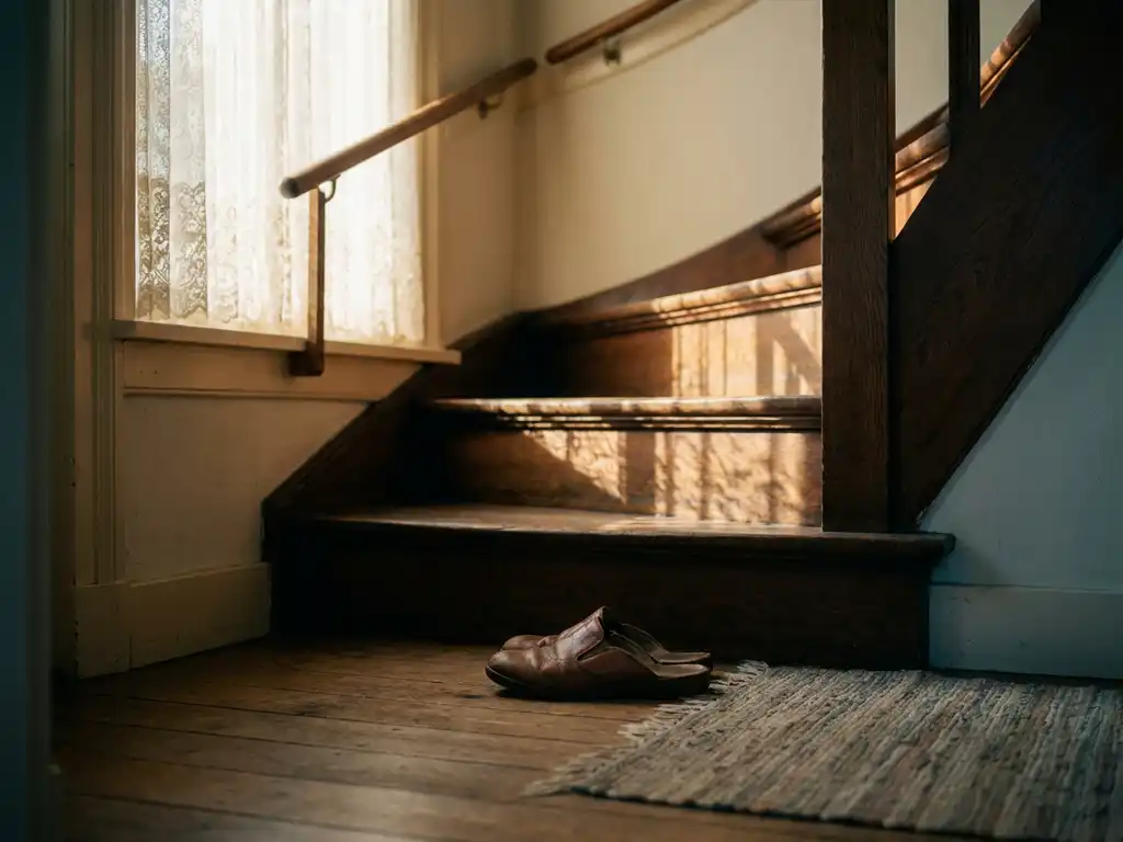 Versleten leren pantoffel op zijn kant onderaan een houten trap in een Hollands interieur, zacht middaglicht door kanten gordijnen.