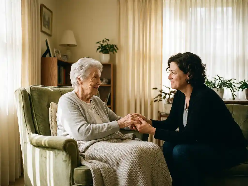 Oudere vrouw met zilvergrijs haar in fauteuil, terwijl haar volwassen dochter haar handen vasthoudt in een intiem gesprek bij zacht middaglicht.
