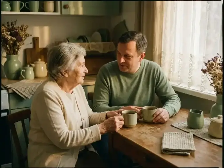 Oudere ouder en volwassen kind aan keukentafel in gesprek over thee, warm middaglicht door kanten gordijn.