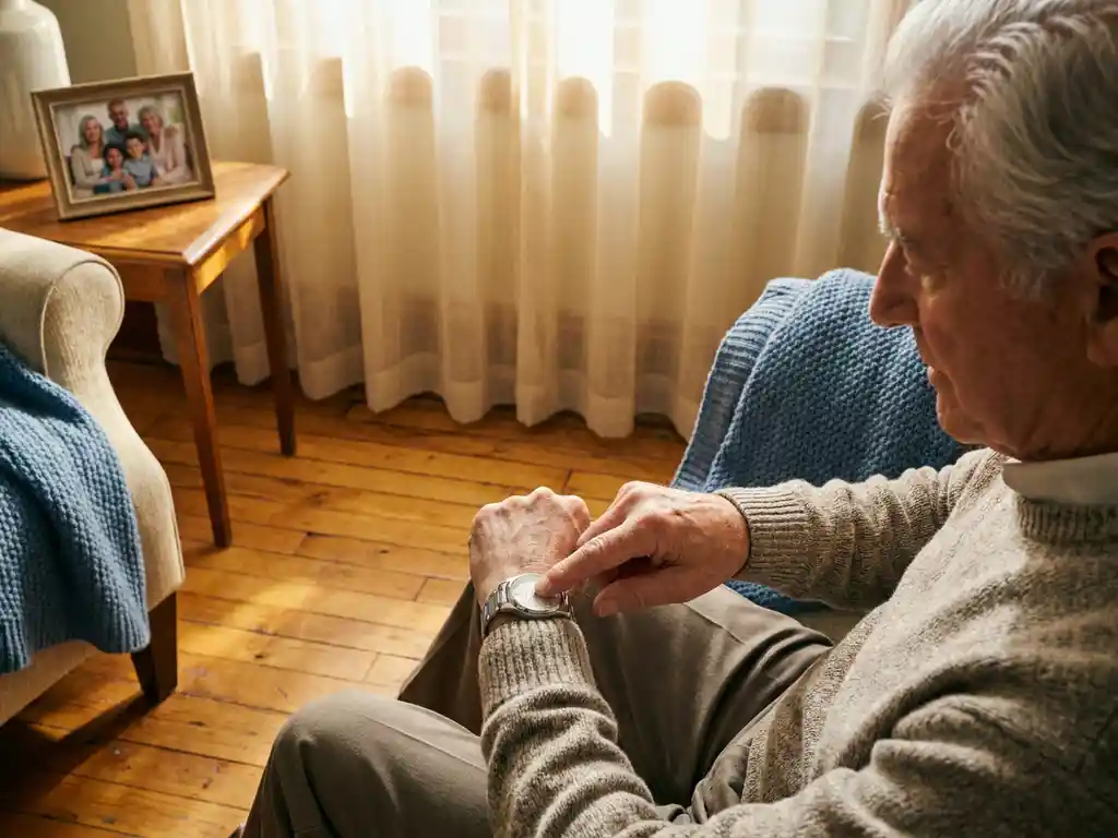 Oudere man met grijs haar zit kalm op houten vloer na val en drukt op alarmsysteem in zijn horloge.