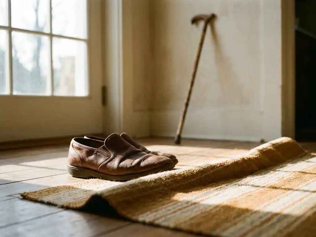Versleten leren pantoffel van een oudere persoon naast een gekreukeld gangtapijt, met een wandelstok tegen een lichte muur op de achtergrond.