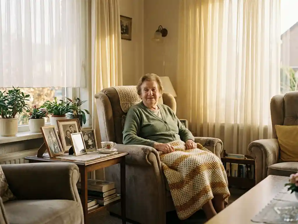Oudere persoon in fauteuil bij zonnig raam, omringd door familiefoto's, gebreide deken en theekopje in warme woonkamer.