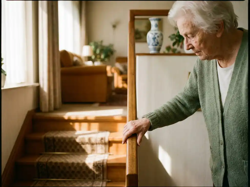 Oudere persoon grijpt voorzichtig een trapleuning op een zonnige houten trap in een Nederlandse woning.