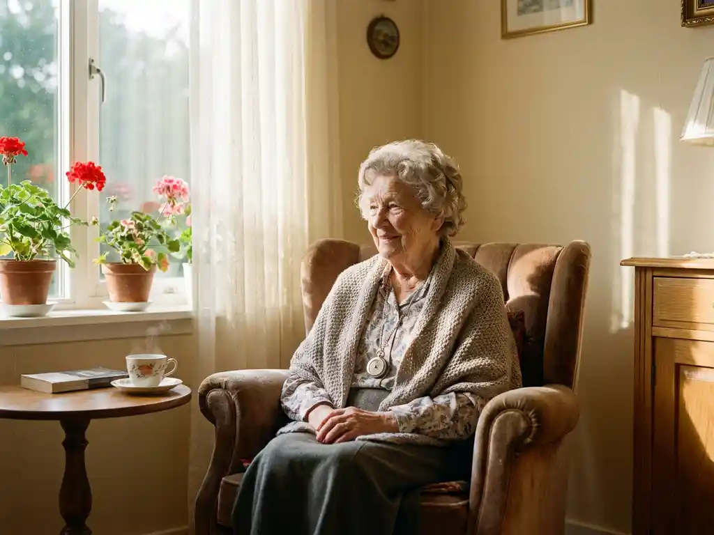 Oudere vrouw in fauteuil bij raam met alarmpendant om, dampende thee op bijzettafel, geraniums op vensterbank.