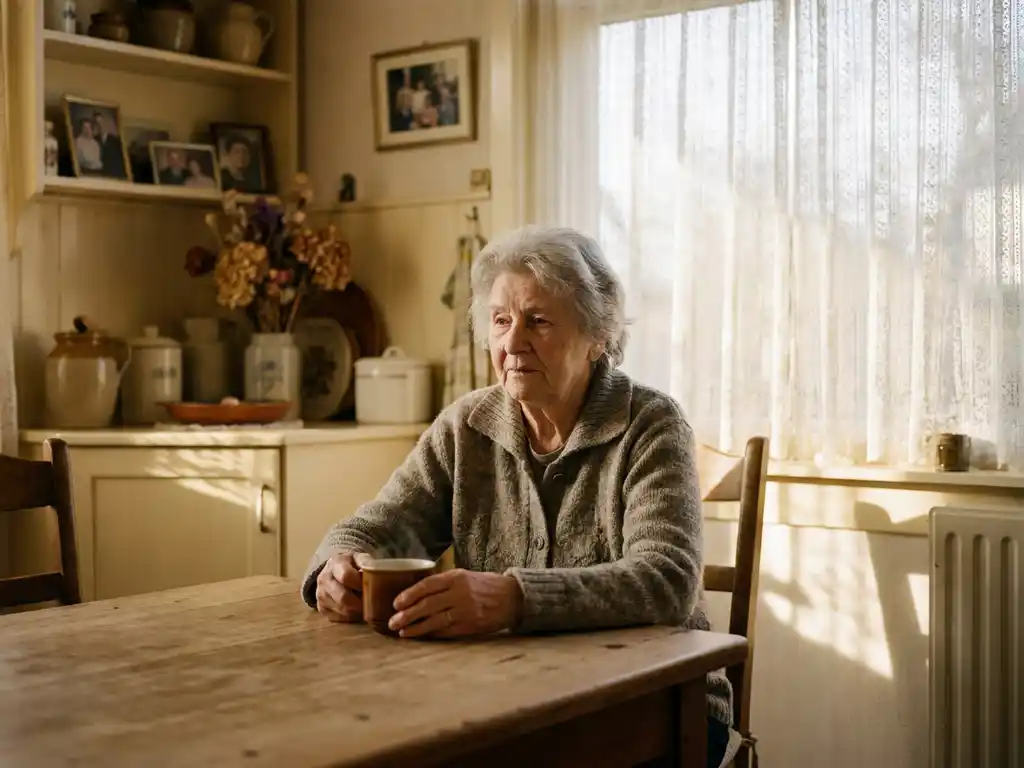 Oudere vrouw alleen aan keukentafel in Nederlands huis, dampende kop thee, zacht middaglicht door kanten gordijnen.