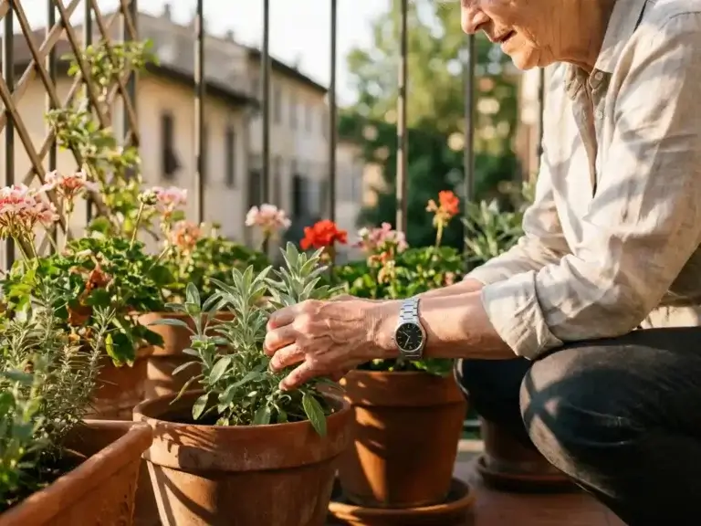 Oudere vrouw verzorgt balkonplanten in middagzon, met een discreet alarmhorloge om haar pols en terracotta potten op de voorgrond.
