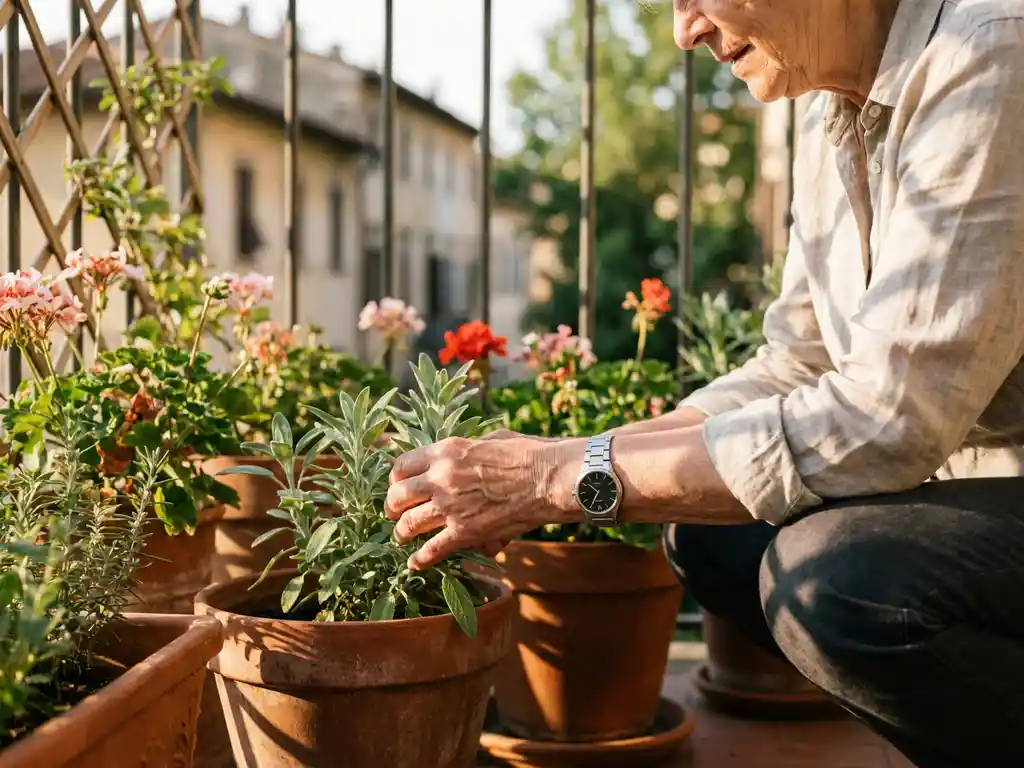 Oudere vrouw verzorgt balkonplanten in middagzon, met een discreet alarmhorloge om haar pols en terracotta potten op de voorgrond.