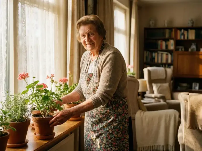 Vrolijke oudere vrouw die bloemen verzorgt op een zonnig Nederlands vensterbank, warme middaglichtval door kanten gordijnen.