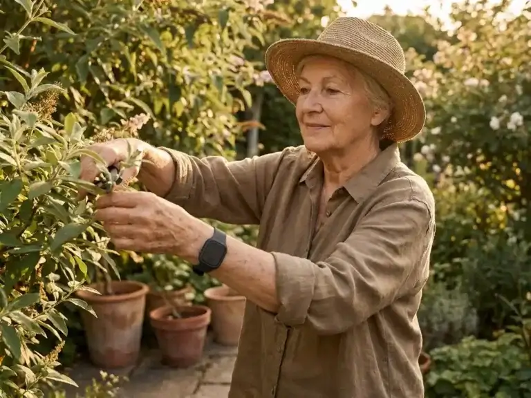 Oudere vrouw verzorgt tuin met alarmhorloge om pols, omringd door terracotta potten en weelderig groen in warm middaglicht.