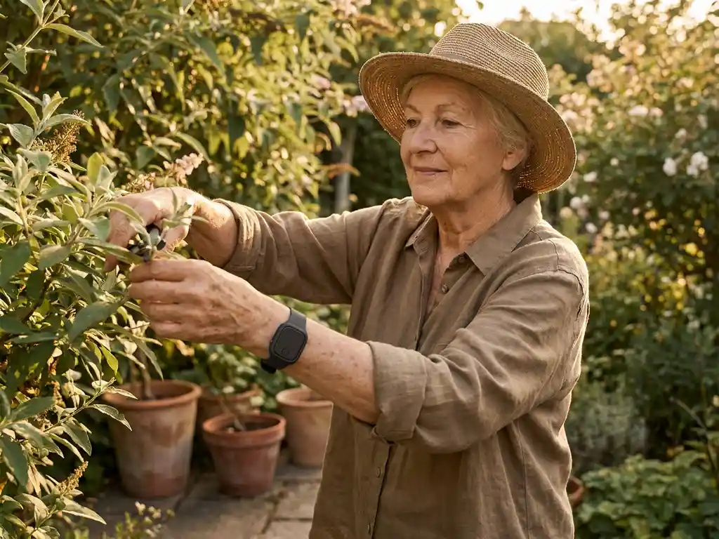 Oudere vrouw verzorgt tuin met alarmhorloge om pols, omringd door terracotta potten en weelderig groen in warm middaglicht.
