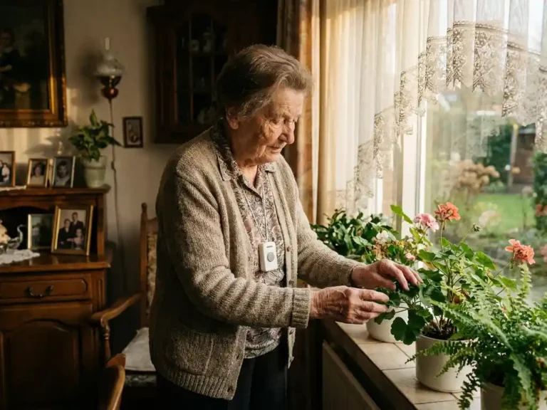 Oudere vrouw verzorgt bloemen op een zonnige vensterbank met een alarmpendant om haar nek, warm middaglicht door vitrage.