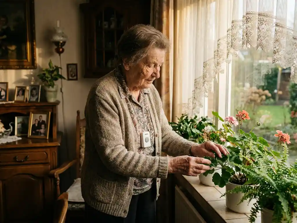 Oudere vrouw verzorgt bloemen op een zonnige vensterbank met een alarmpendant om haar nek, warm middaglicht door vitrage.