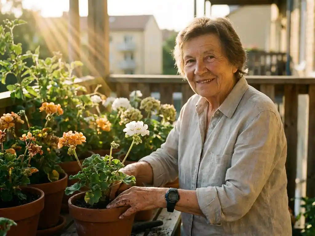 Oudere vrouw verzorgt balkonplanten in gouden avondlicht, met een discreet alarmeringshorloge om haar pols.