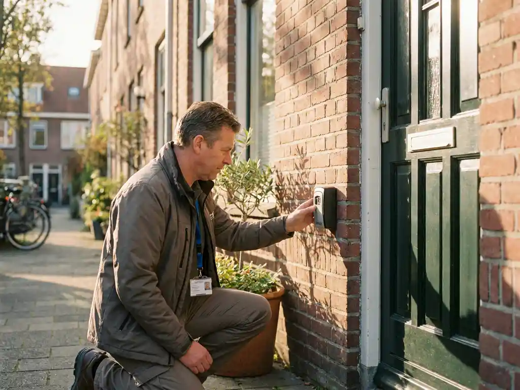 Verzorger opent sleutelkluis naast voordeur van Nederlandse woning voor veilige toegang bij thuiszorg.