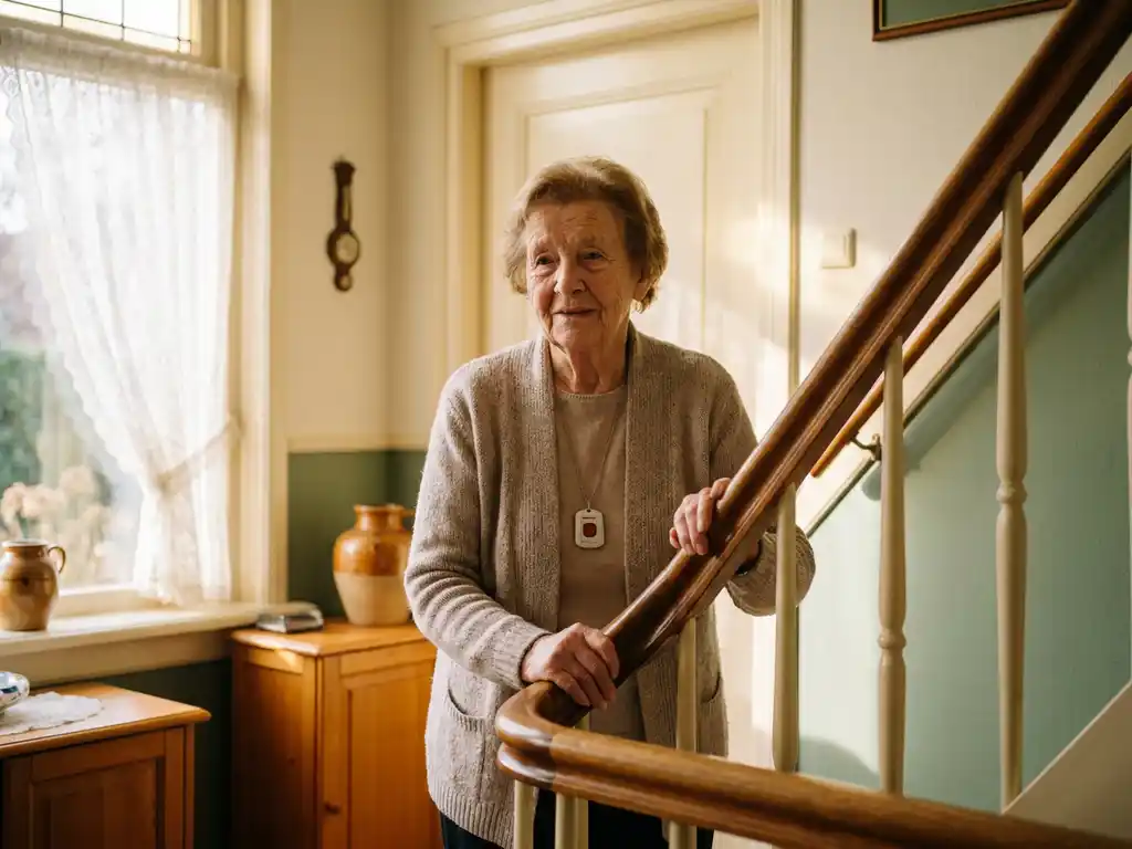 Oudere vrouw houdt zich vast aan trapleuning in Nederlands interieur, met medisch alarmpendant zichtbaar om haar nek.