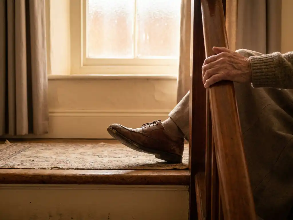 Versleten leren schoen die blijft haken op een ongelijke drempel, terwijl een oudere hand een houten trapleuning grijpt.