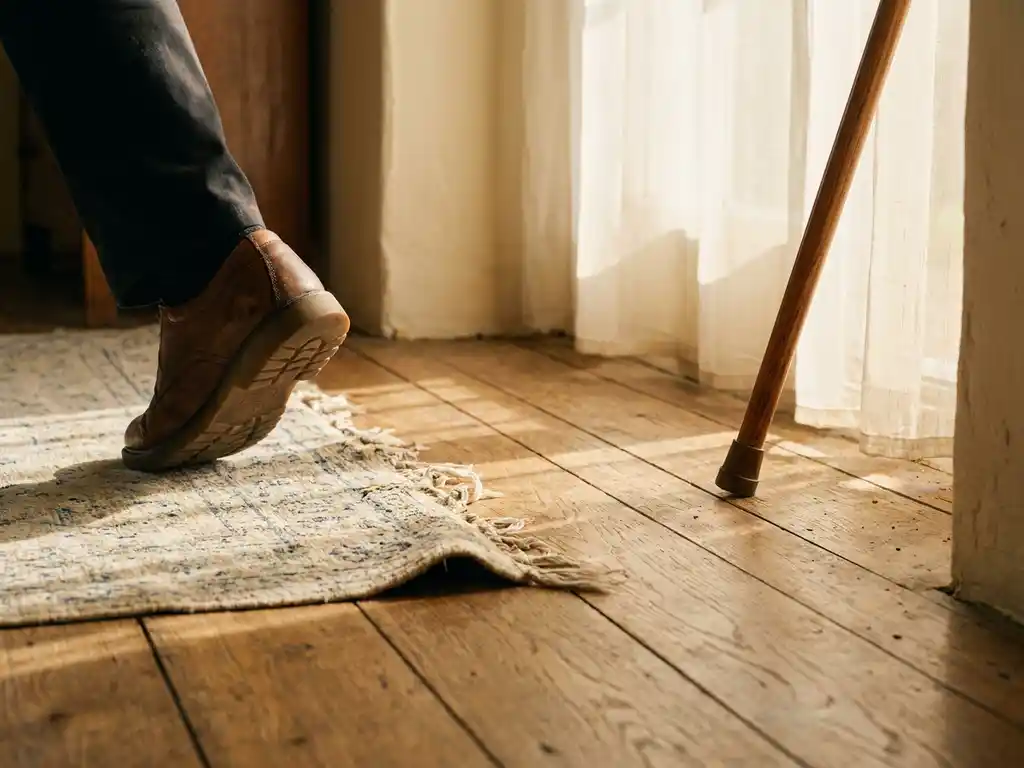 Rubberzool schoen op houten vloer naast een opgerolde rand van een klein kleedje, wandelstok tegen zonnige crèmekleurige muur.