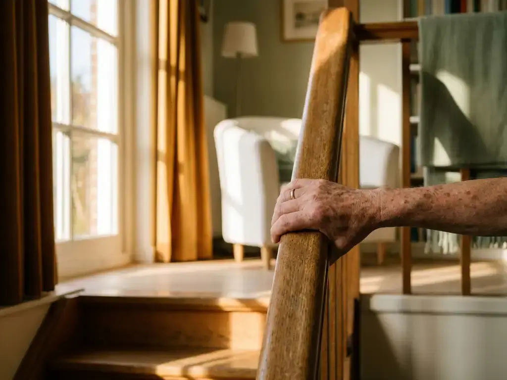 Verweerde hand op houten trapleuning in zonnig Nederlands interieur, warme amberkleurige middaglichten zachte schaduwen.