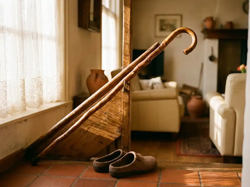 Houten wandelstok tegen trapleuning in Nederlands interieur, antislip pantoffels op onderste trede, warm middaglicht door kanten gordijn.
