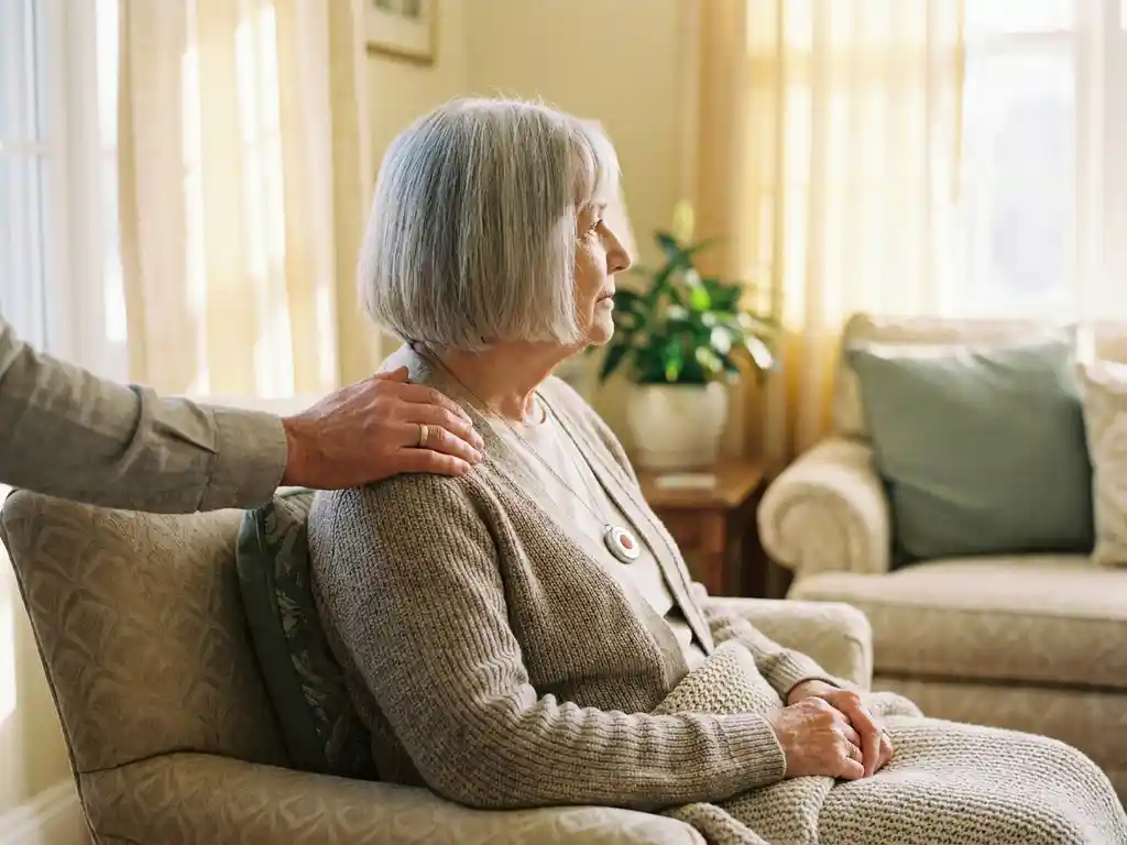 Bejaarde vrouw in fauteuil met alarmpendant om haar nek, terwijl een hand haar zachtjes op de schouder aanraakt in een warme woonkamer.