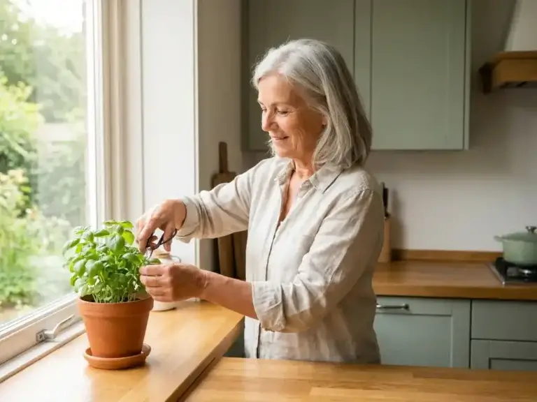 Oudere vrouw verzorgt kruiden in potten op een zonnig keukenvensterbank in een moderne Nederlandse woning.