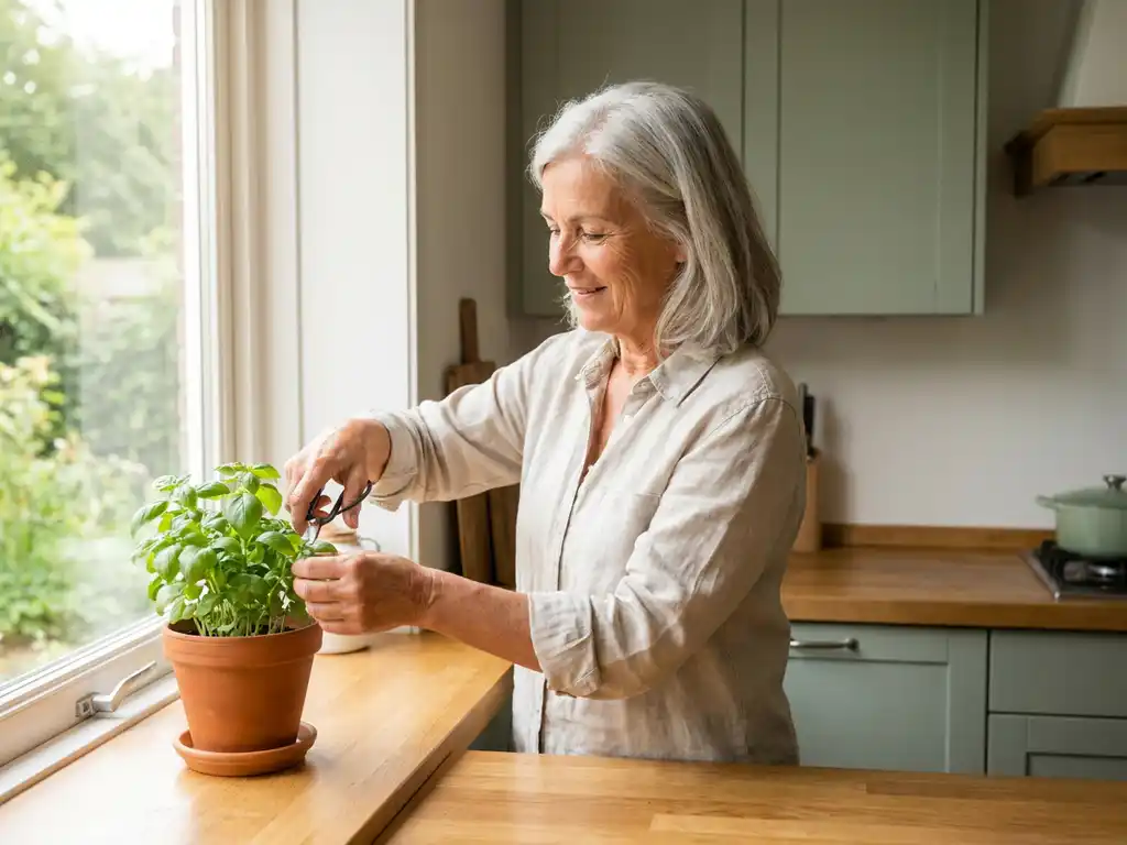 Oudere vrouw verzorgt kruiden in potten op een zonnig keukenvensterbank in een moderne Nederlandse woning.
