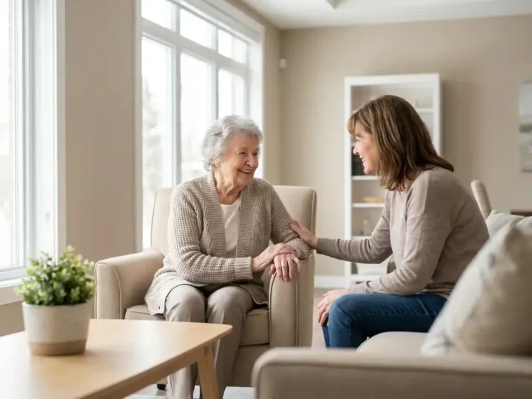 Oudere vrouw in gesprek met familielid in lichte, moderne kamer van een verzorgingstehuis met houten meubels en warm natuurlijk licht.