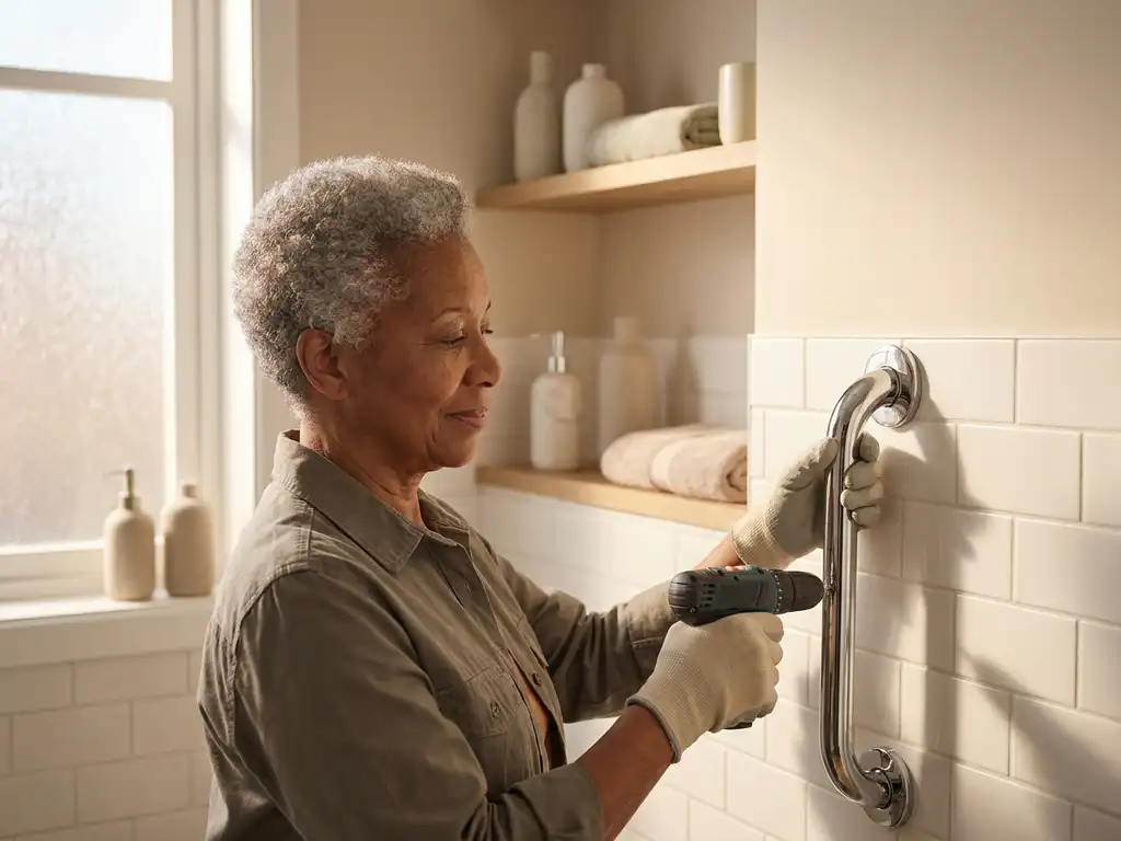 Oudere vrouw met grijs haar installeert een chromen beugel op witte badkamertegels in een lichte, moderne badkamer.