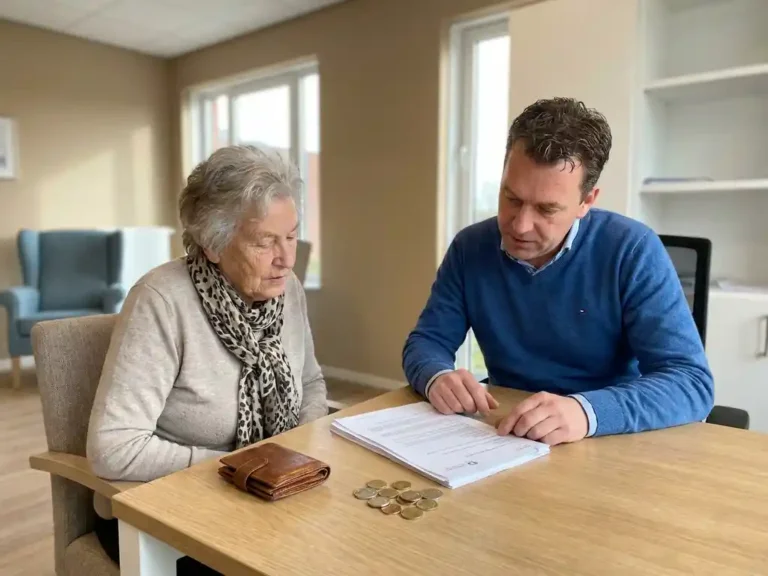Oudere vrouw bespreekt zorgindicatie-documenten met zorgadministrateur aan licht eiken bureau, portemonnee en euromunten op tafel.