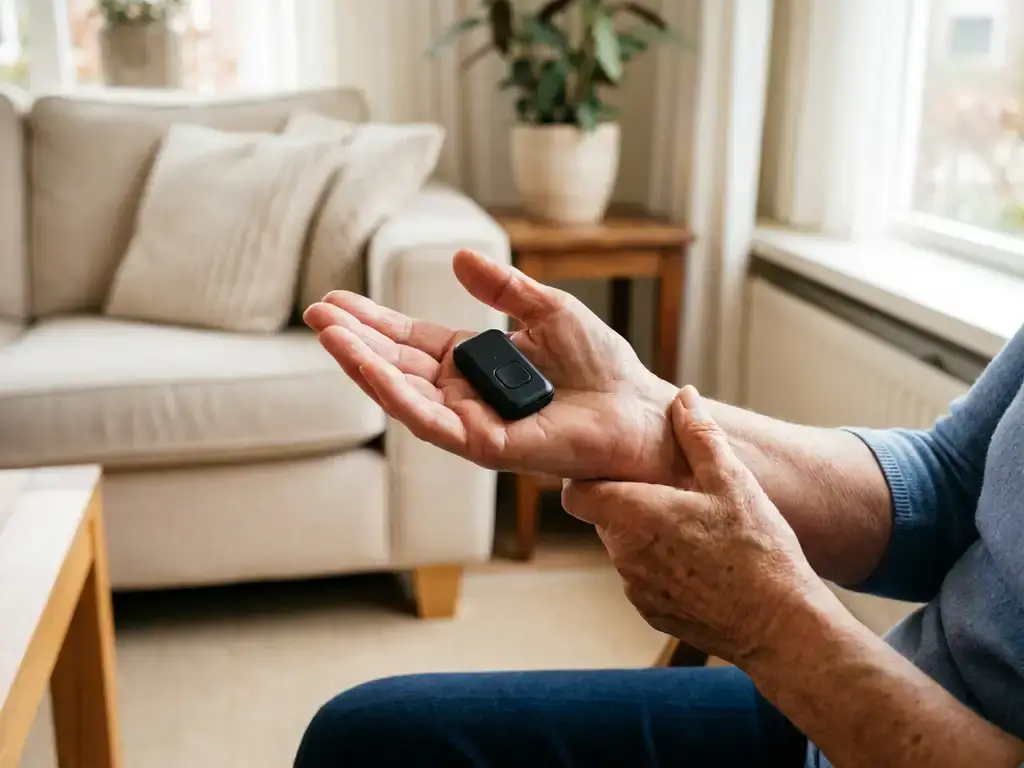 Oudere vrouw houdt een GPS-tracker vast bij een zonnig raam in een Nederlandse woonkamer, rustgevende sfeer.