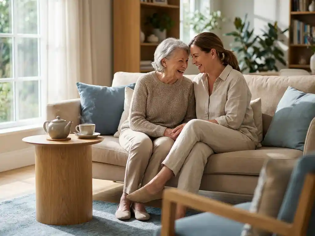 Oudere vrouw en volwassen dochter in gesprek op de bank, kopje thee op bijzettafel, warme woonkamer met natuurlijk licht.