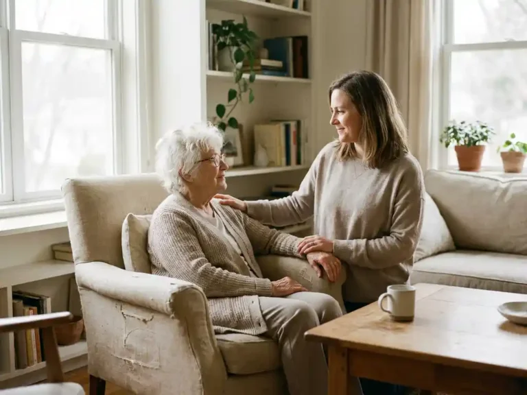 Oudere vrouw in fauteuil met dochter die geruststellend hand op haar schouder legt, warm daglicht in lichte woonkamer.