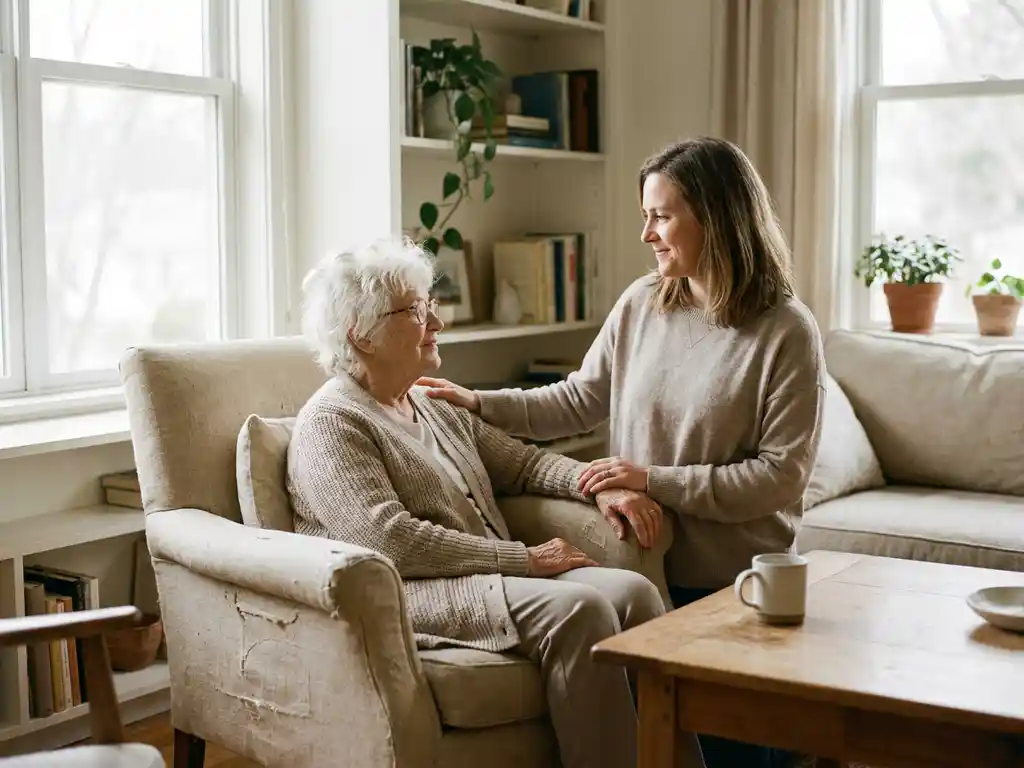 Oudere vrouw in fauteuil met dochter die geruststellend hand op haar schouder legt, warm daglicht in lichte woonkamer.