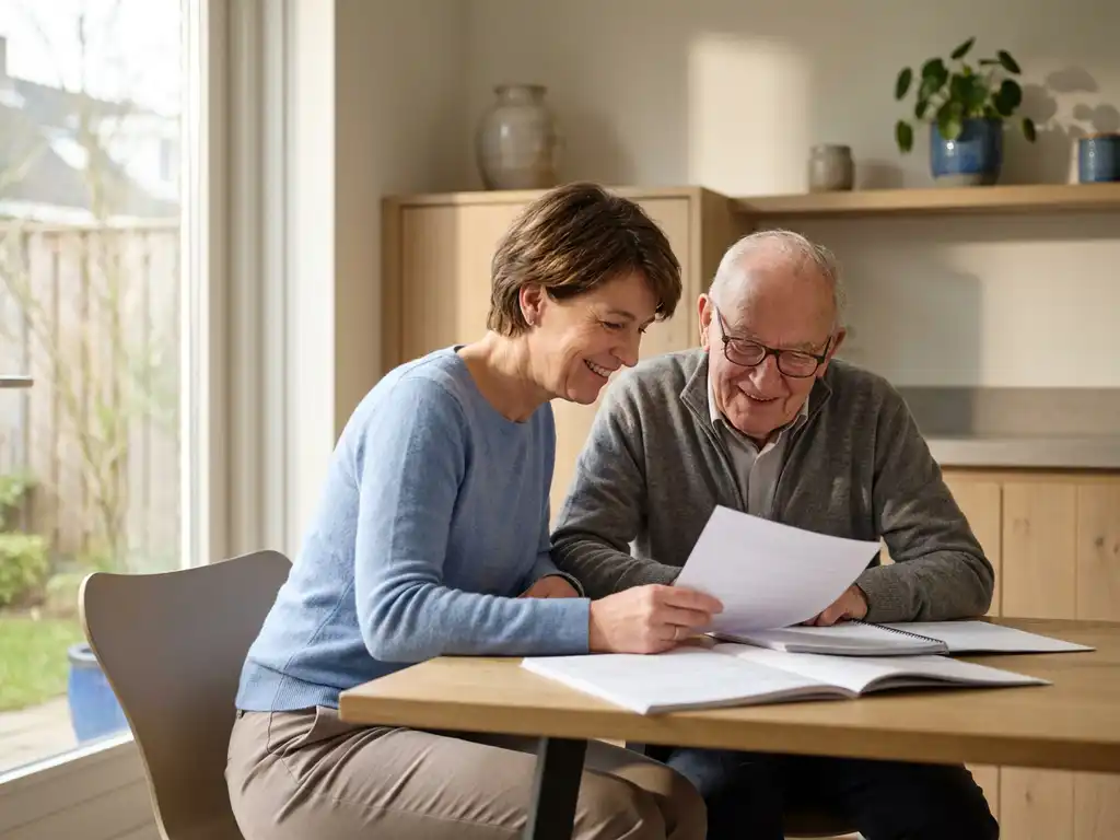 Volwassen kind en oudere ouder bekijken samen documenten aan keukentafel in licht Nederlands interieur.