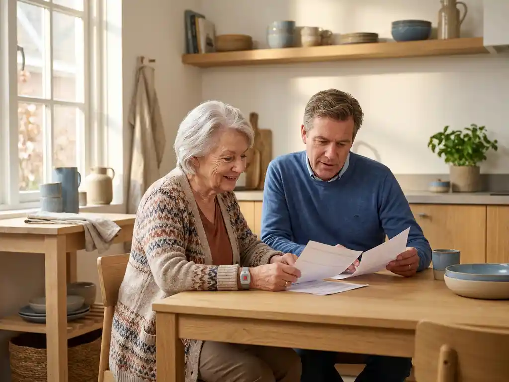 Oudere vrouw met medisch alarm polsband bekijkt documenten met volwassen kind aan eiken keukentafel in modern Nederlands interieur.