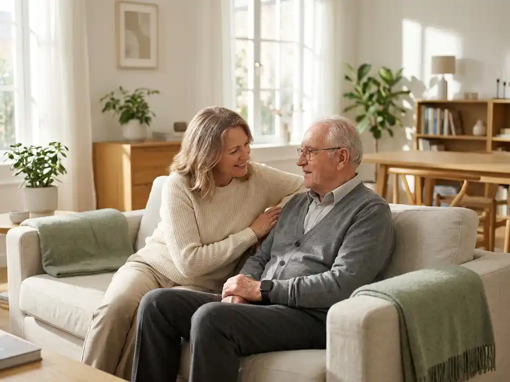 Volwassen kind en oudere ouder in gesprek op linnen bank, met draagbaar alarmeringshorloge om de pols, warm Nederlands interieur.