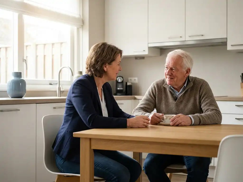 Volwassen kind en oudere ouder in gesprek aan eiken keukentafel in modern Nederlands interieur met natuurlijk licht.