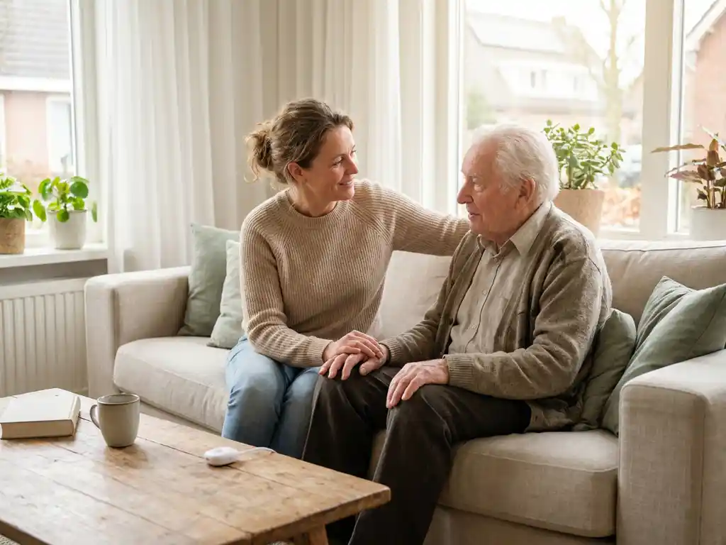 Volwassen kind in gesprek met oudere ouder op linnen bank, draagbaar alarmeringsapparaat op salontafel, warm natuurlijk licht.