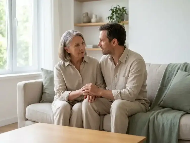 Oudere ouder en volwassen kind in gesprek op beige bank in lichte Nederlandse woonkamer, zachte daglichtsfeer.