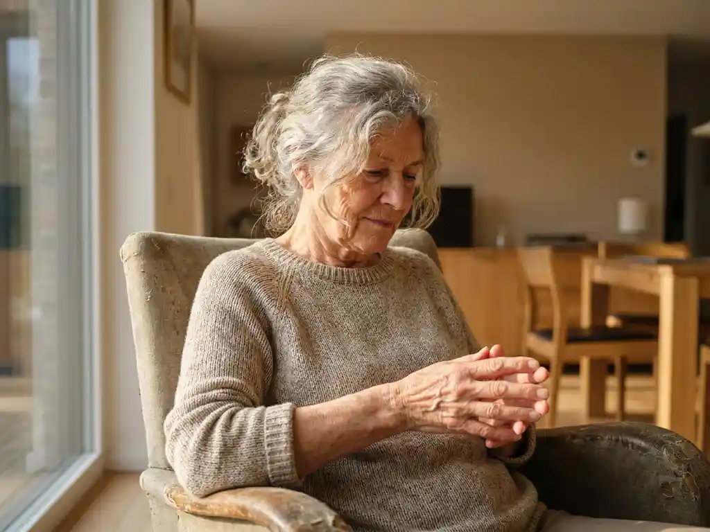 Oudere volwassene met grijs haar bekijkt rustig hun handen in zacht ochtendlicht bij een raam in een moderne woonkamer.