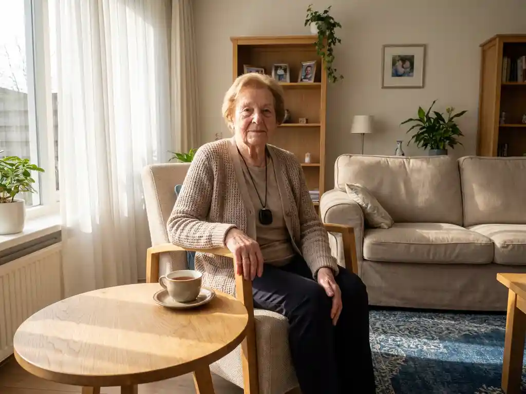 Oudere persoon met dementie in lichte Nederlandse woonkamer, draagt alarmpendant om de nek, kopje thee op houten bijzettafel.