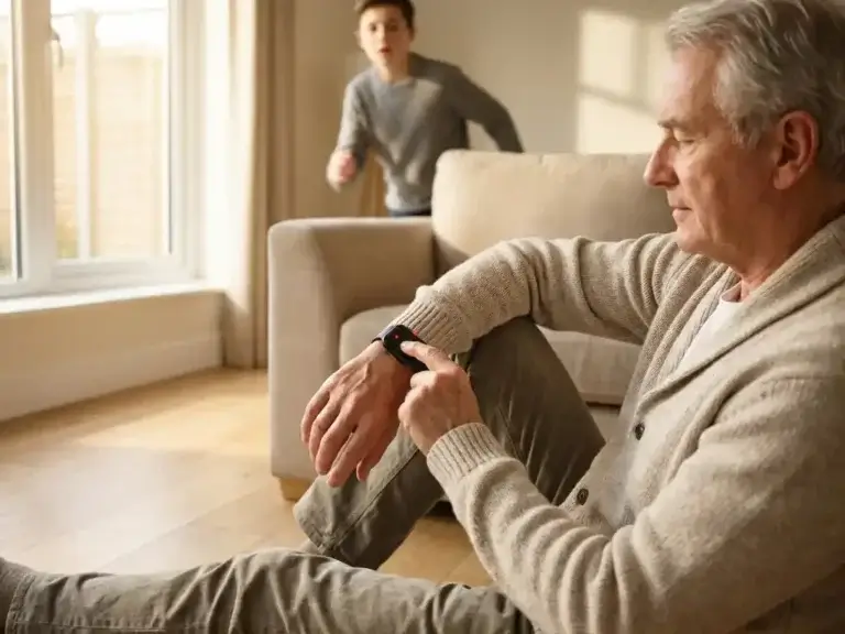 Oudere man op houten vloer na val, leunend tegen bank, drukt op persoonlijk alarmsysteem om zijn pols.