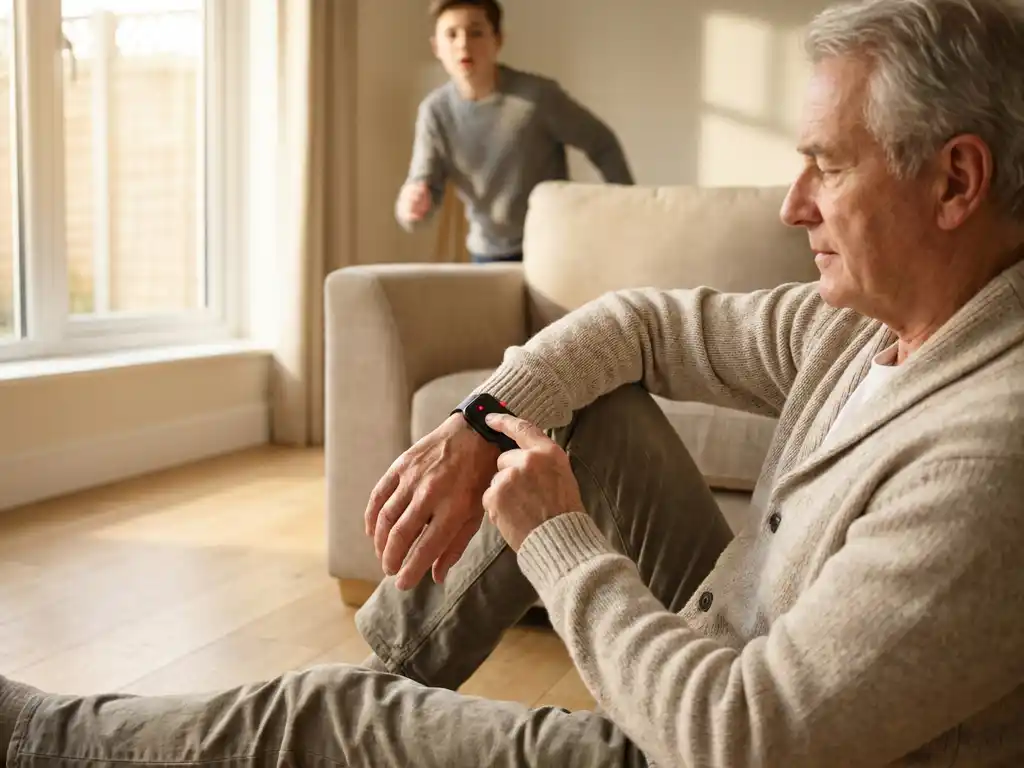 Oudere man op houten vloer na val, leunend tegen bank, drukt op persoonlijk alarmsysteem om zijn pols.