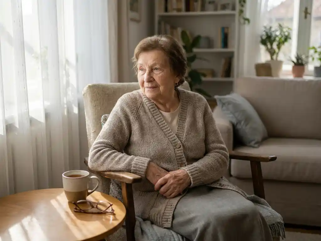 Oudere persoon met dementie alleen in woonkamer, starend naar zonnig raam, met halfvol kopje thee op houten bijzettafel.